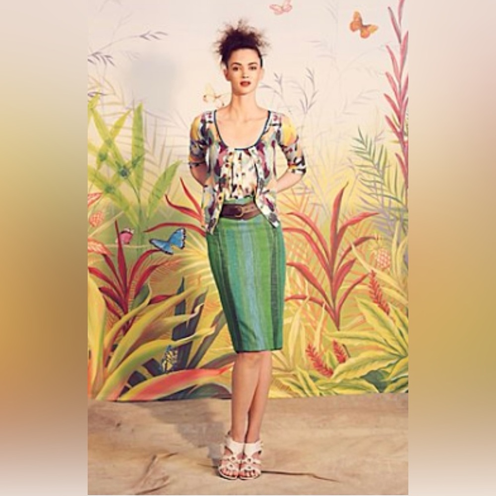 Eva Franco x Anthropologie Dreaming in Green‎ Striped Woven Tweed Pencil Skirt 2